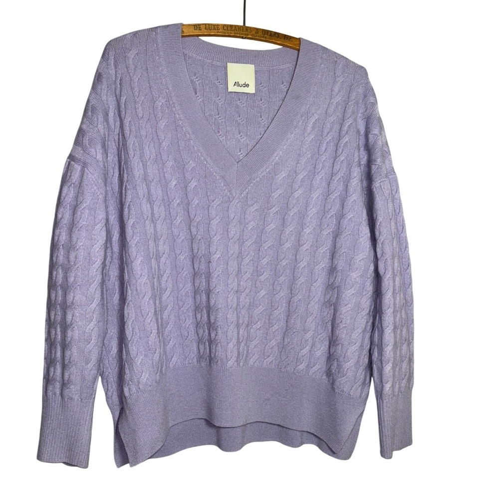 Allude Womens Small 100% Cashmere Cable Knit V-Neck Sweater Lavender Career